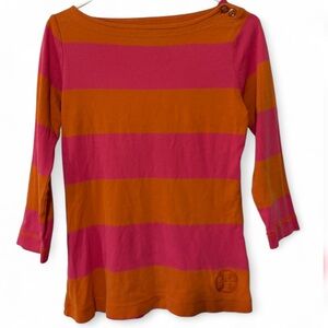 Tory Burch Pima Cotton Striped Boatneck Top in Orange and Pink